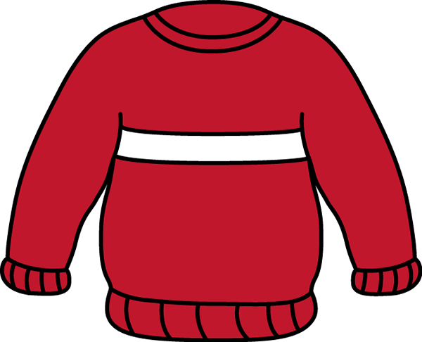 Red long-sleeve sweater with white horizontal stripe, ribbed cuffs and hem, cartoon-style illustration.