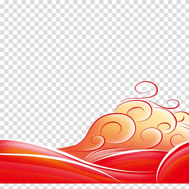 Vibrant red and orange stylized wave and cloud motif with transparent background, evoking energy and celebration.