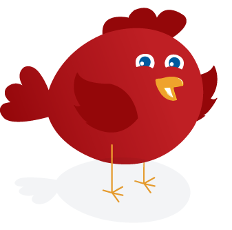 Red cartoon chicken standing on a white oval, with blue eyes and orange beak, smiling cheerfully.