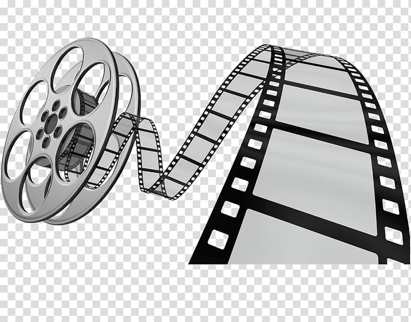 Silver film reel with unspooling 35mm film strip on transparent background