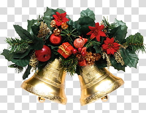 Golden Christmas bells adorned with holly, red berries, poinsettias, and festive ornaments on a transparent background.