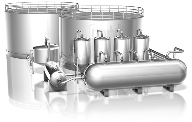 Industrial stainless steel storage tanks, filters, and piping system for food, beverage, or pharmaceutical processing.