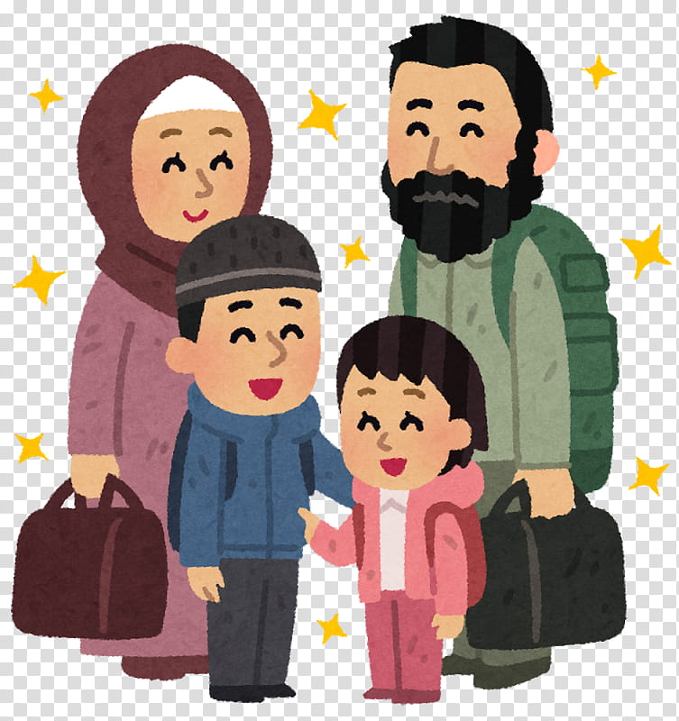 A smiling Muslim family of four-mother, father, son, and daughter-holding luggage with stars around them, suggesting travel or relocation.