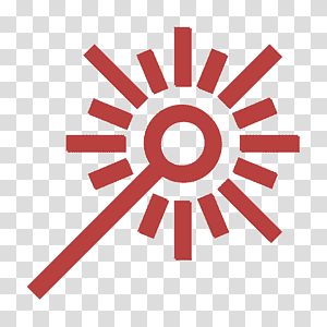 Red sunburst icon with a magnifying glass handle, symbolizing search, discovery, or insight.