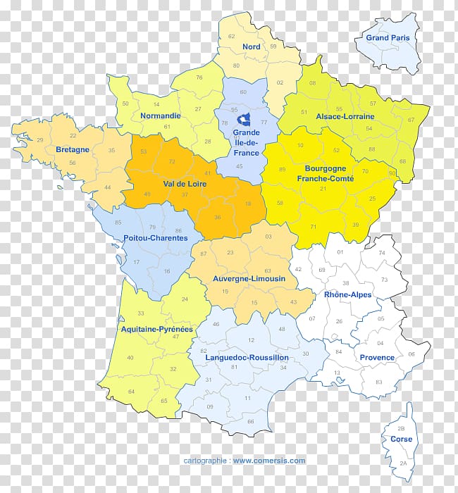 Color-coded map of France showing its 13 administrative regions with department numbers and names.
