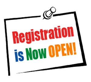 Registration is Now OPEN! sign pinned on white background with colorful bold text.