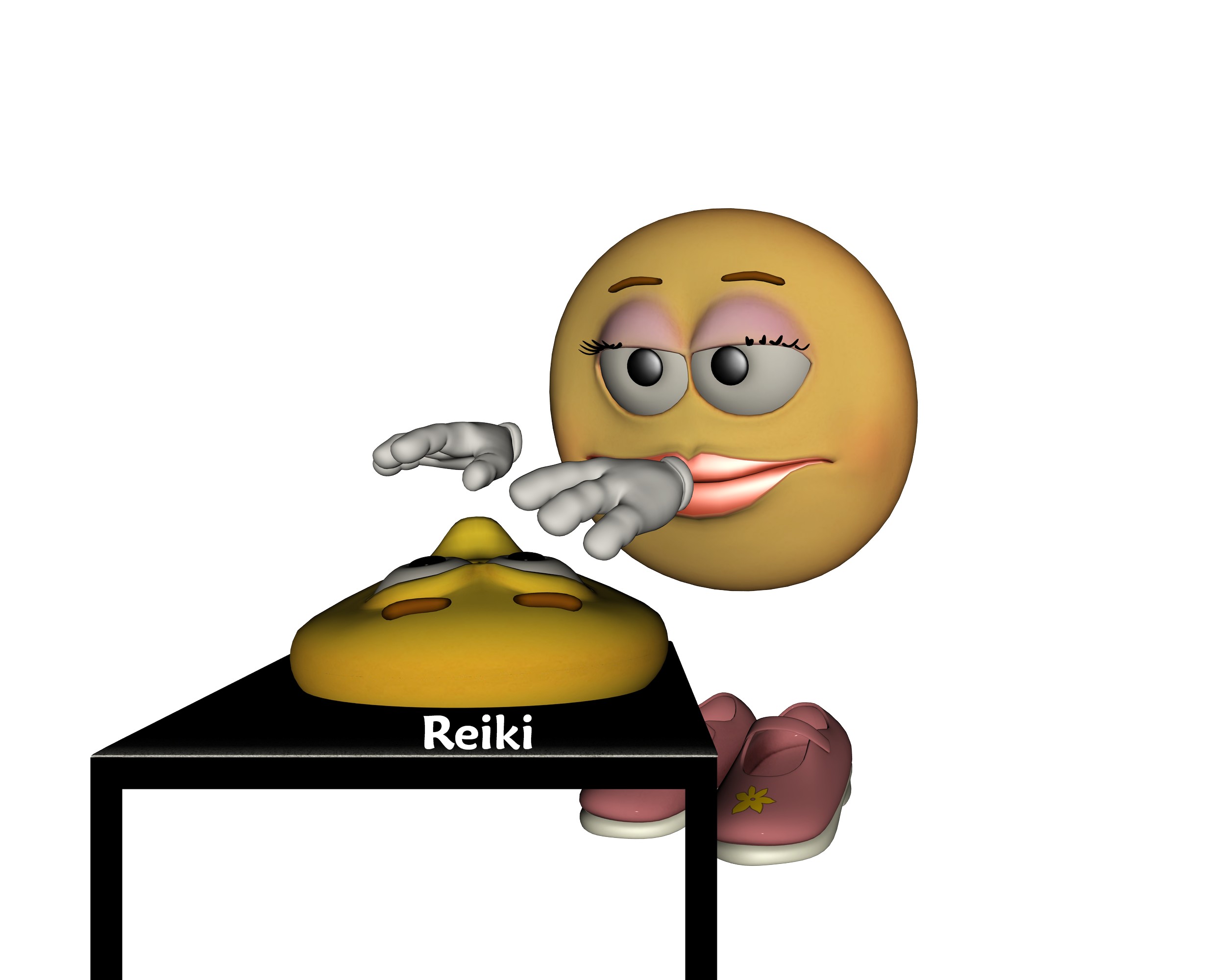 A cartoon emoji character performing Reiki healing on a smaller emoji figure at a table labeled "Reiki".