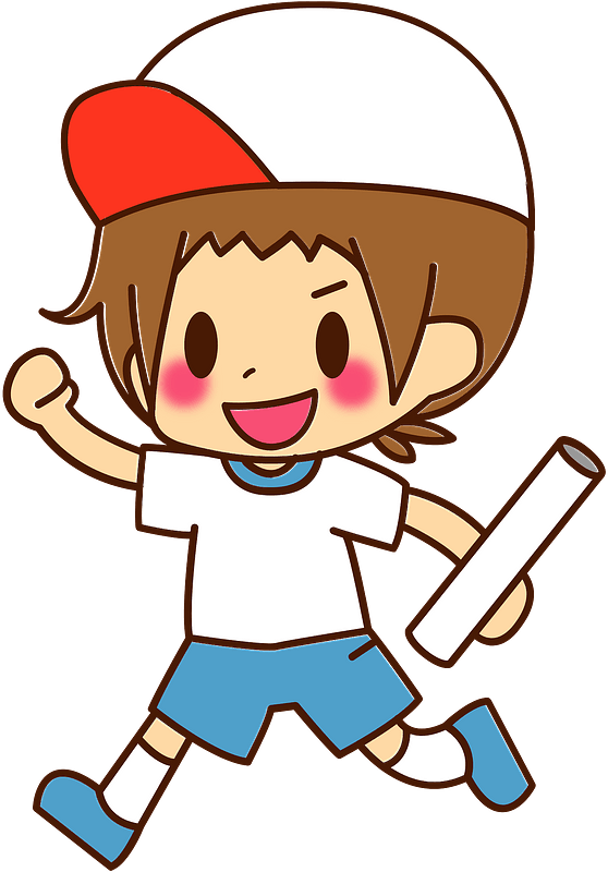 Cheerful cartoon boy in red-and-white cap, white shirt, blue shorts, running with a rolled paper.