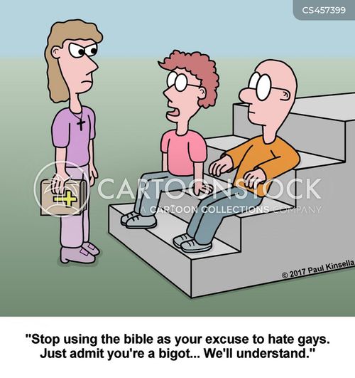 A cartoon showing a woman holding a Bible confronting two men on steps, with text urging not to use scripture to justify homophobia.