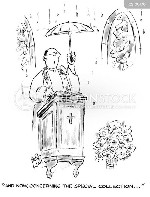 A priest in robes stands at a pulpit holding an umbrella as rain falls inside a church, with stained glass and flowers nearby.