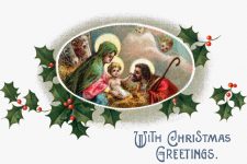 Vintage Christmas card featuring the Nativity scene with Mary, Joseph, baby Jesus, and angels, framed by holly branches.