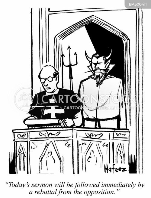 Cartoon: Sermon Followed by Devil’s Rebuttal - Satirical Religious Commentary