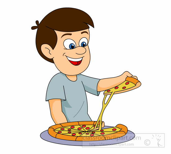 Happy cartoon boy lifting a cheesy pizza slice from a whole pizza on a plate.