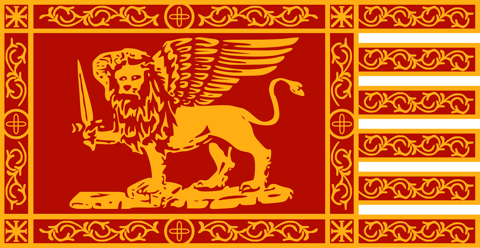 Golden winged lion holding a sword on a red field, surrounded by ornate borders and green stripes-flag of the Republic of Venice.