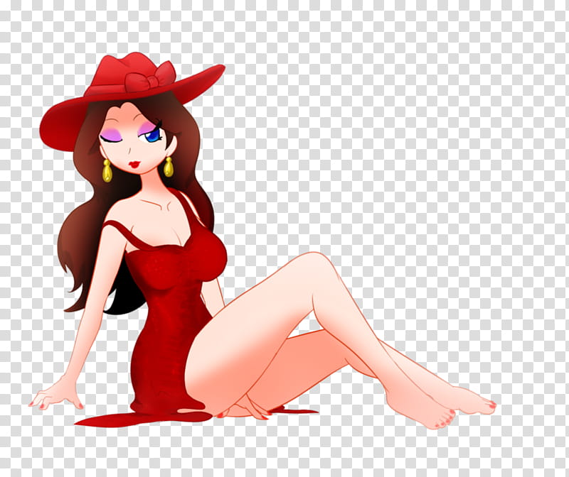 Anime-style woman in red dress and hat, seated with heterochromatic eyes and gold earrings.