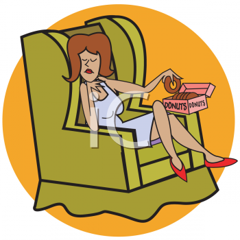 A tired woman lounges in a green armchair, eating a donut from an open box while wearing a white dress and red heels.