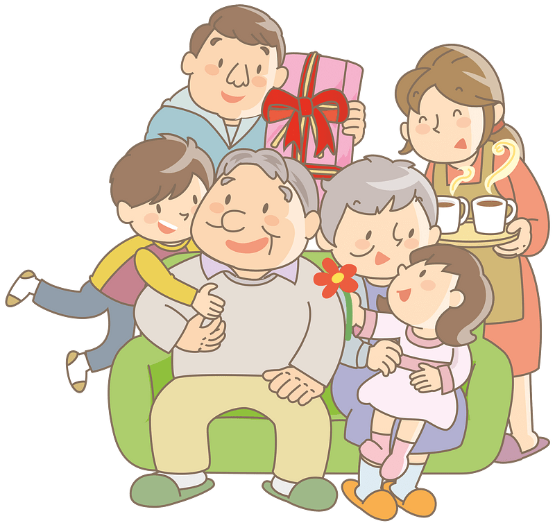 Happy multi-generational family gathered on a couch, sharing gifts and tea during a warm celebration.