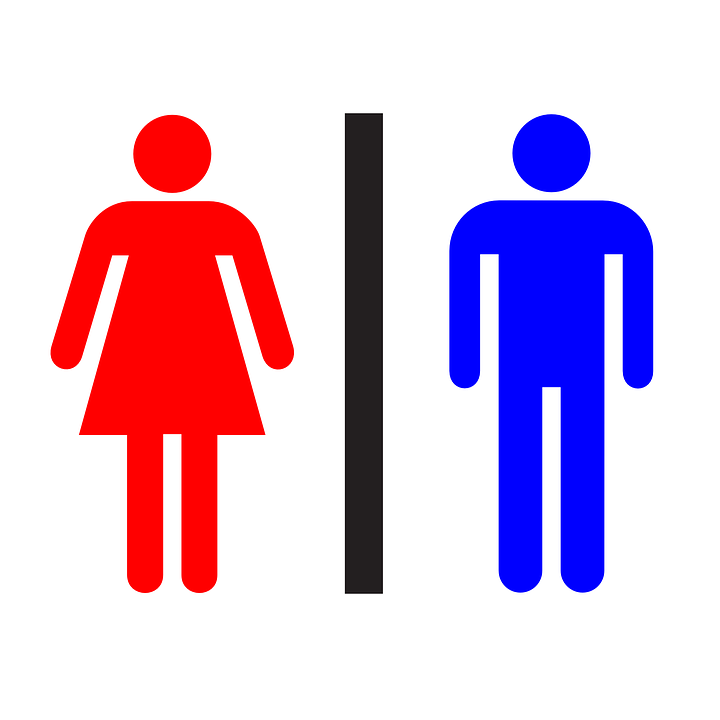 Red female and blue male restroom symbols separated by a black vertical line on white background.