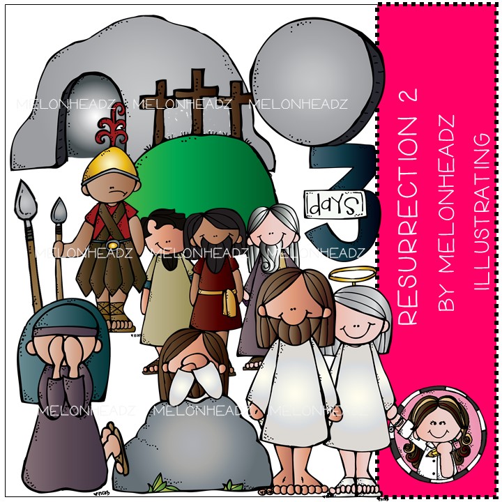 Cartoon-style illustration of Jesus’ resurrection on the third day with disciples, Roman guard, angel, and empty tomb.