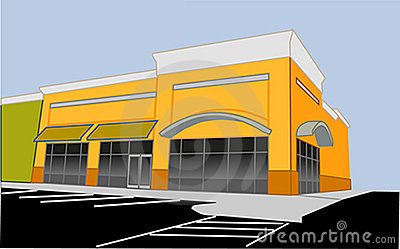 Bright yellow commercial storefront with arched windows, awnings, and parking lot in front.