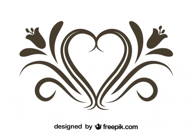 Ornate heart-shaped floral design with symmetrical swirls and tulip motifs in brown on white background.