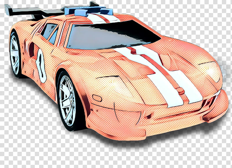 Orange racing car with white stripes, number 0, and rear spoiler in comic-style illustration.