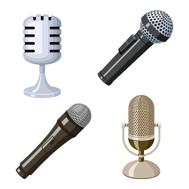 Four microphone types: vintage silver, black handheld, gold studio, and classic condenser-illustrated in clean vector style.
