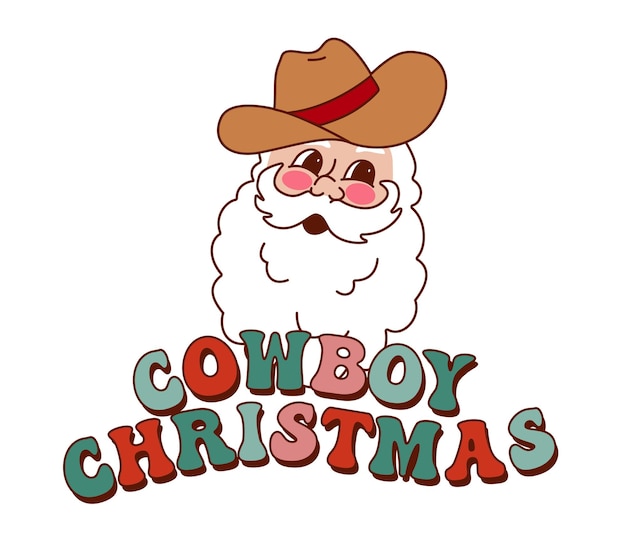 Cowboy Santa with brown hat and white beard, above colorful "Cowboy Christmas" text.