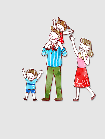 Happy family of four smiling and playing together-father holding daughter on shoulders, mother waving, son cheering.
