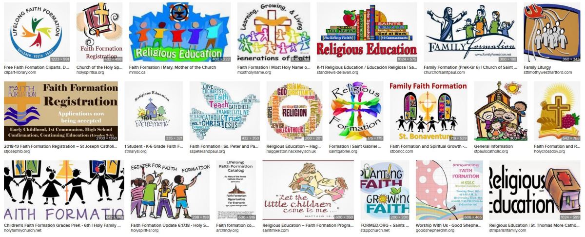 Collection of religious education and faith formation logos, illustrations, and program graphics from various Catholic and Christian organizations.