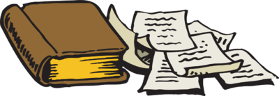 A brown hardcover book with yellow pages lies beside scattered handwritten documents.