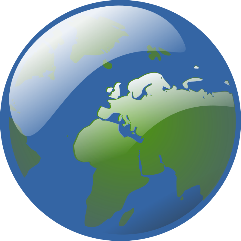 Stylized globe showing Earth with green continents and blue oceans, highlighting Europe, Africa, and parts of Asia and the Americas.