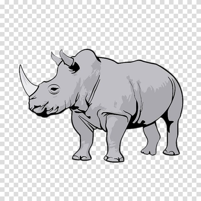 Gray cartoon-style rhinoceros with two horns, standing in profile on transparent background.