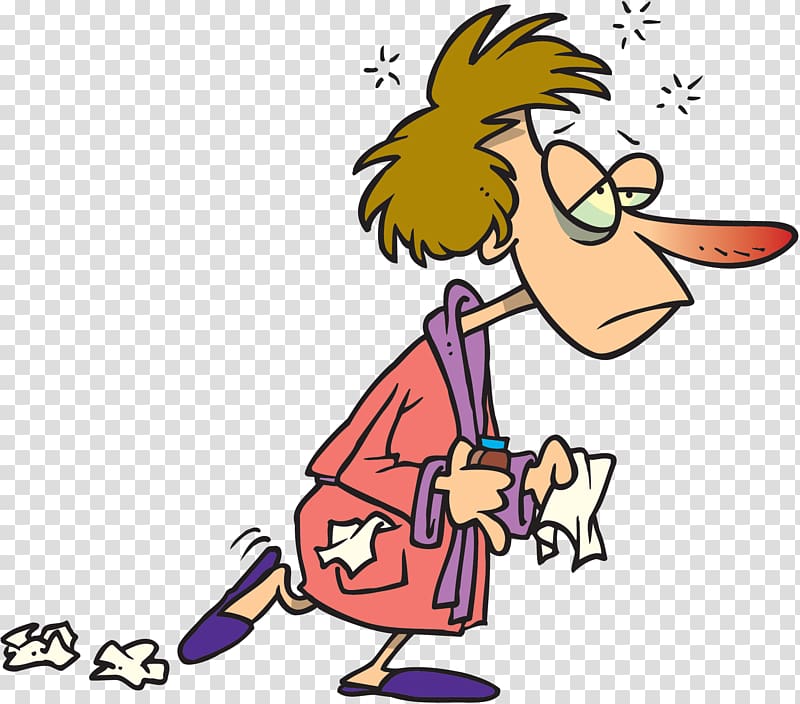 Tired cartoon man in robe and slippers, holding tissues, with messy hair and scattered tissues on floor.