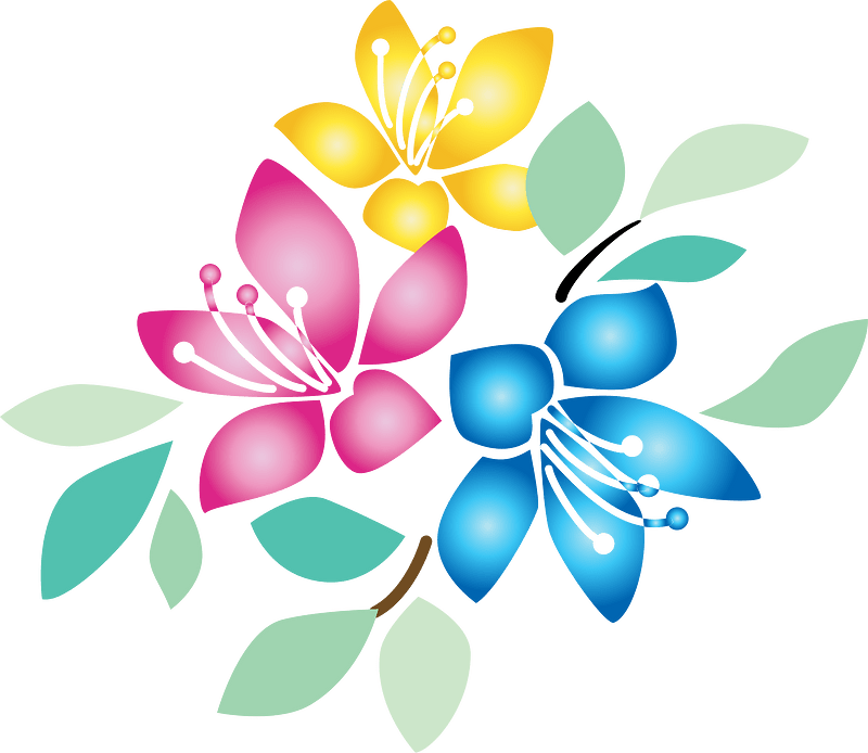 Vibrant stylized floral bouquet with pink, blue, and yellow blossoms and green leaves on a dark green background.