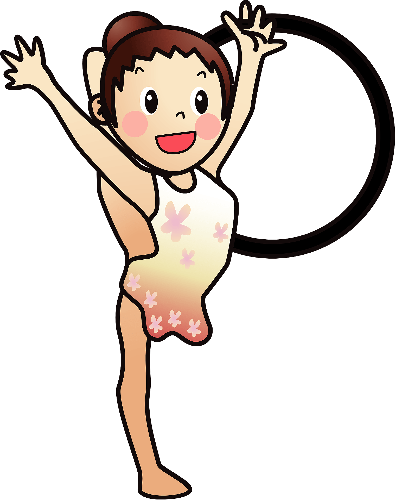 Cheerful cartoon girl performing rhythmic gymnastics with a hoop, wearing a floral leotard and smiling brightly.