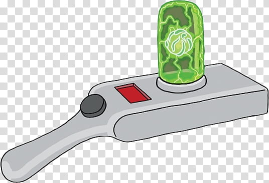 A gray handheld device with a red button and black dial, topped with a glowing green cylindrical container showing swirling energy patterns.