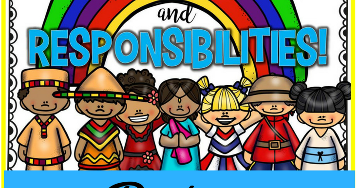 Diverse group of cartoon children in cultural attire under rainbow with "Responsibilities!" text.