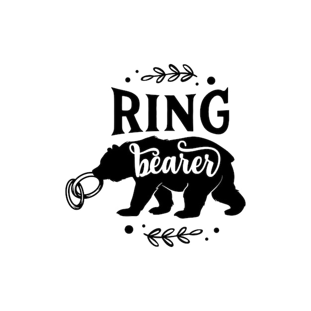 Black silhouette of a bear holding two interlocked rings, with "RING bearer" text and decorative foliage.