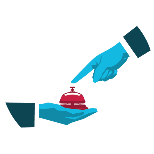 A stylized illustration of a hand pointing at a red service bell held in another hand, symbolizing customer service or assistance.