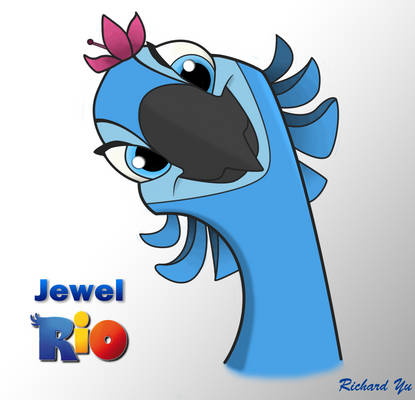 Blue cartoon bird with pink flower, wide eyes, and open beak, labeled "Jewel Rio" by Richard Yu.