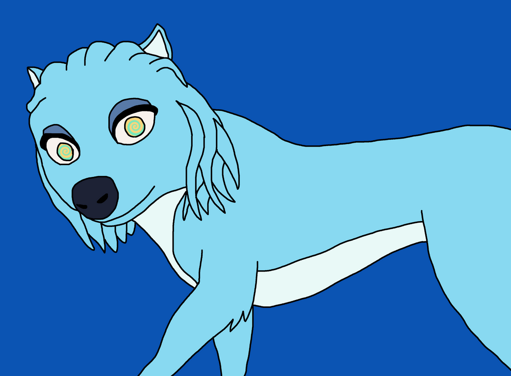 A stylized light-blue anthropomorphic wolf with spiral eyes and white chest markings, posed against a solid blue background.