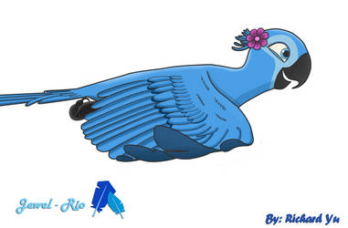 Blue macaw with purple flower on head, stylized illustration by Richard Yu for Jewel-Rio.