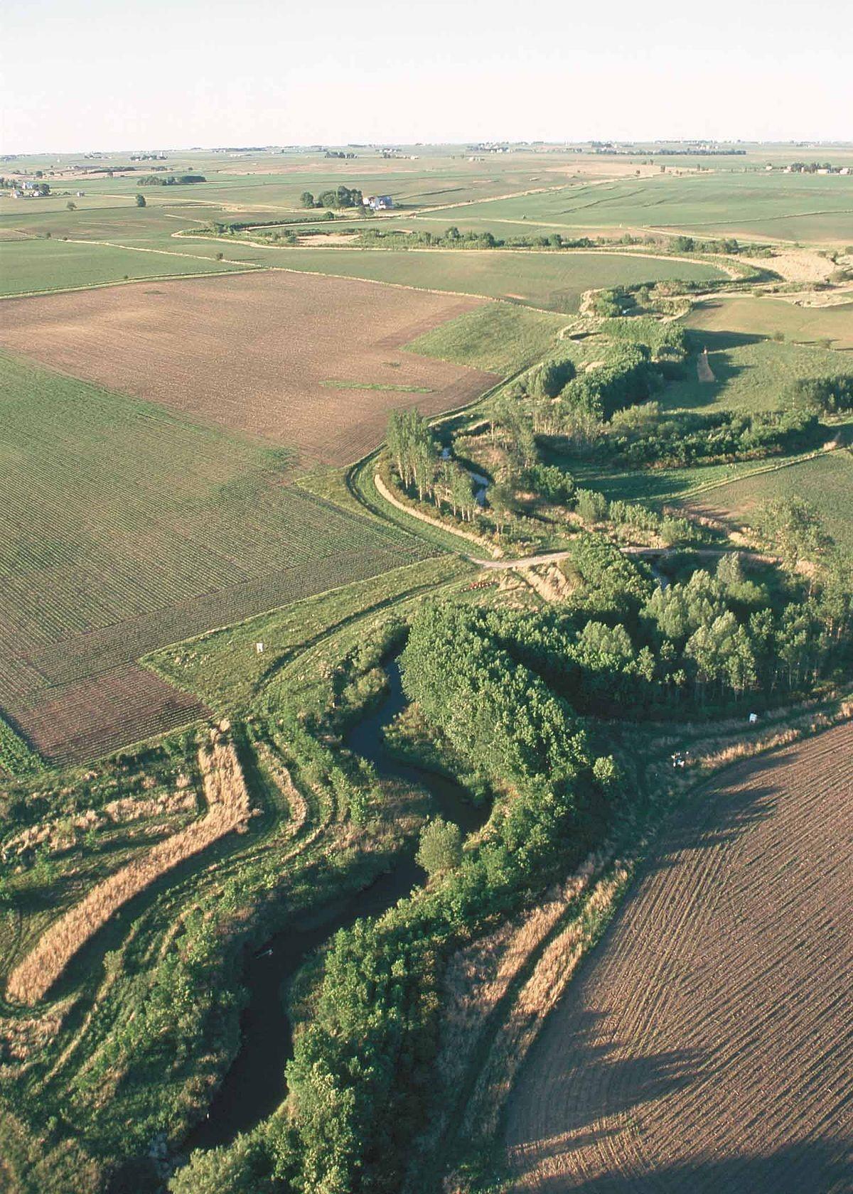 Aerial view of a winding river through farmland with green fields, trees, and cultivated plots under clear skies.
