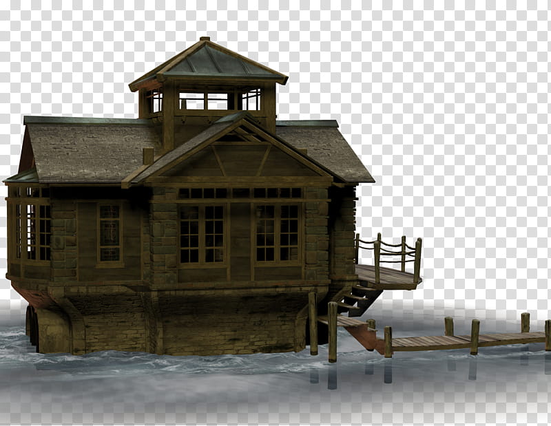 Rustic wooden houseboat with stone foundation, dock, and watchtower floating on water.