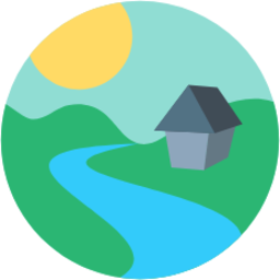 Serene landscape with a small house beside a winding river, green hills, and a bright sun in the sky.