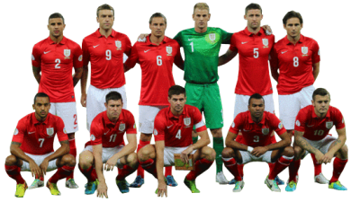England national football team lineup in red jerseys and white shorts, posing for a group photo.