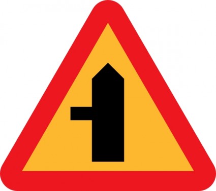 Yellow triangular warning sign with red border and black symbol indicating a narrow road ahead.