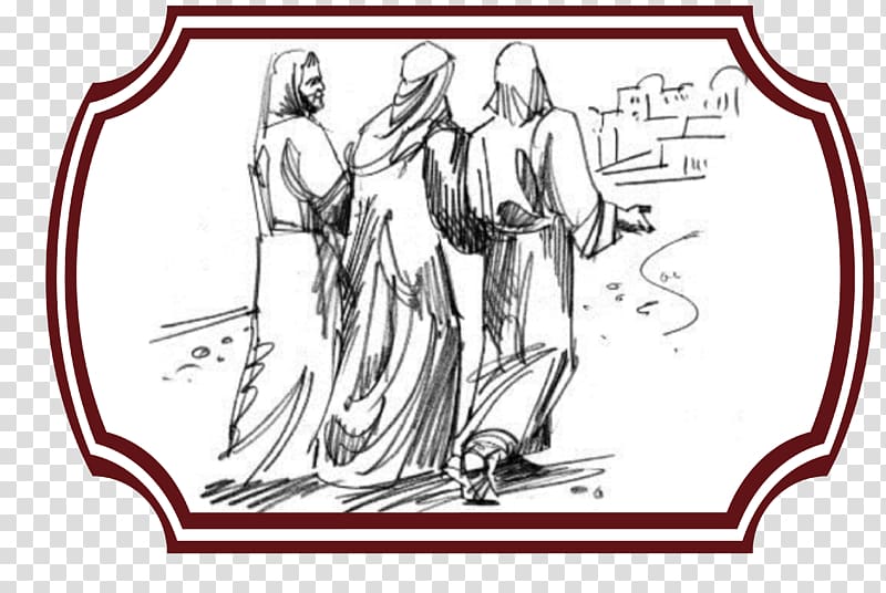 Three robed figures walking toward a distant cityscape, sketched in monochrome with ornate frame.