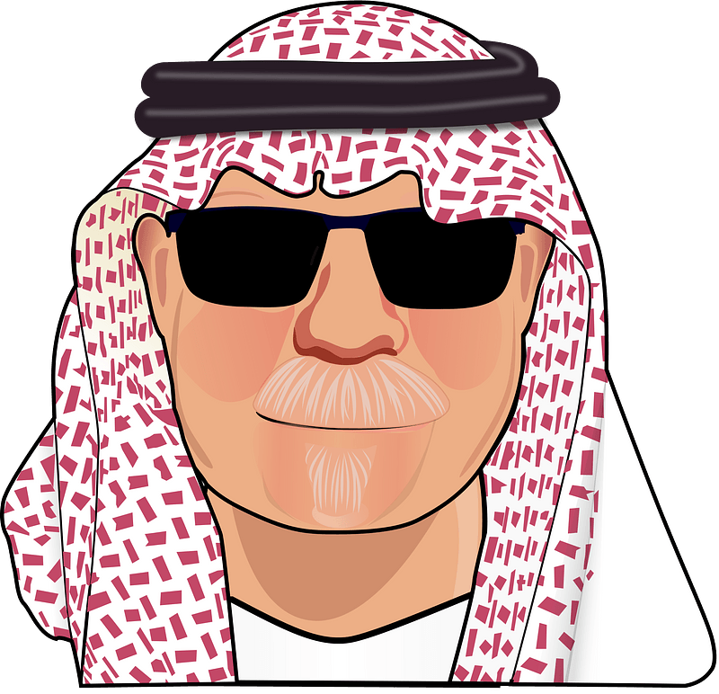 Cartoon illustration of a Middle Eastern man wearing sunglasses, a red-and-white ghutra, and agal headwear.